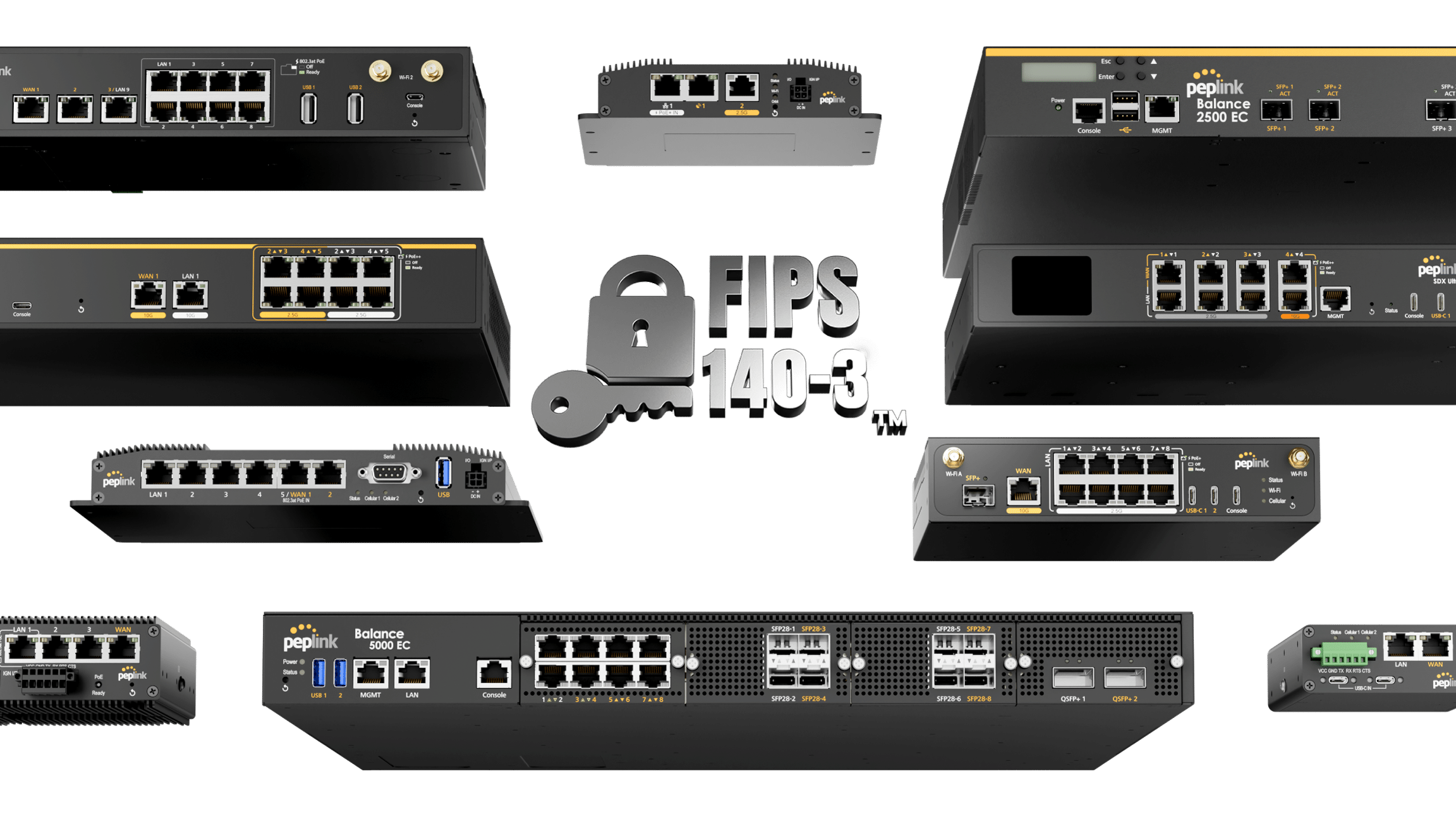 Peplink routers supporting FIPS 140-3 validated mode in Firmware 8.6.0, shown with the certification badge